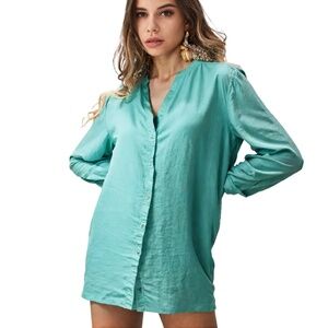 Chadwicks 100% Linen Blouse Top Tunic Long Sleeve Button Front Robin Egg Blue